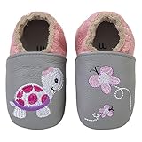  Rotok Baby Lauflernschuhe Jungen und Mädchen Weicher Leder Krabbelschuhe Kleinkind Babyhausschuhe Rutschfesten Wildledersohlen 0-24 Monate
