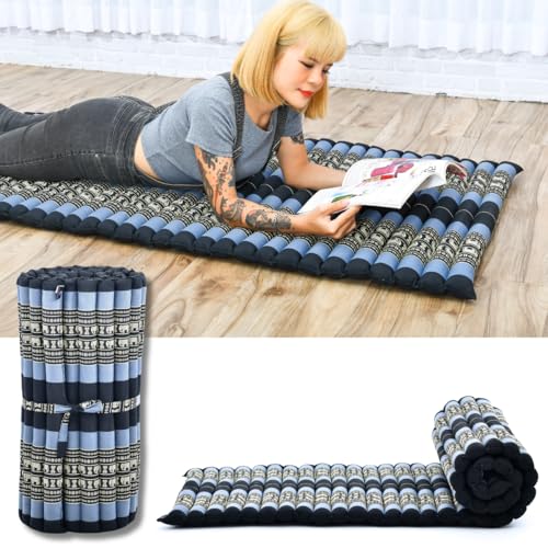 Image of Leewadee - Foldable Floor Mattress - Japanese Roll Up Futon -Trifold Tatami Mat- Guest Floor Bed - Camping Mattress - Thai Massage Mat, Kapok Filled, 75 x 28 inches, Blue