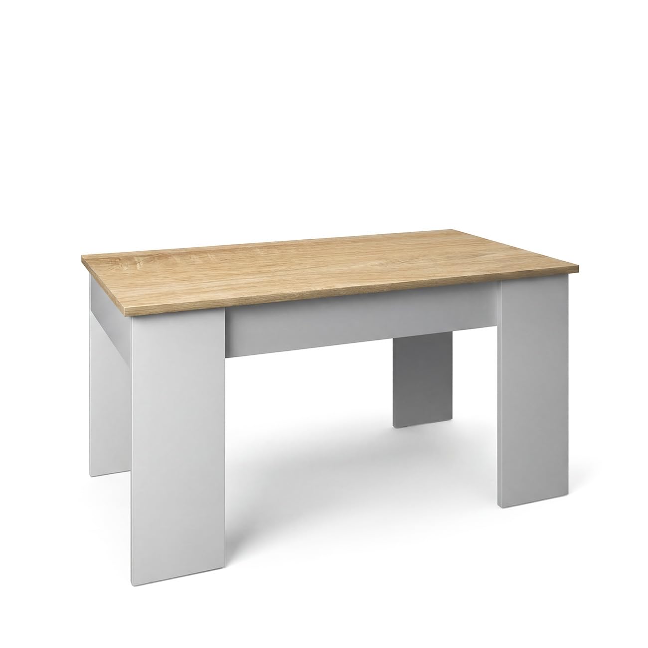 duehome | Mesa de Centro elevable, Mesita de Salón Comedor, Acabado en Blanco Artik y Roble Canadian, Modelo Norak, Medidas: 90 cm (Largo) x 50 cm (Ancho) x 45-53,3 cm (Alto)