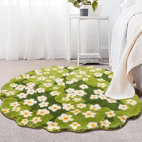 3D Moss Rug Stereo Irregular Rug Flowers Moss Carpet for Bedroom Large Green Area Rugs for Living Room with Non-Slip Backing Aesthetic Carpet for Home Decor (47"x49", Round)