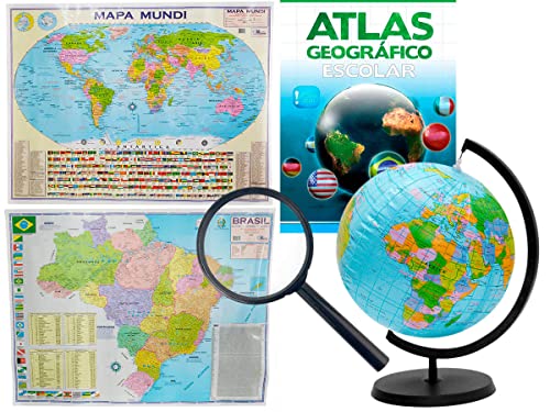 Kit Globo Terrestre Inflável 17cm + Lupa + Atlas + Mapas do Brasil e Mundi 120x90cm Escolar