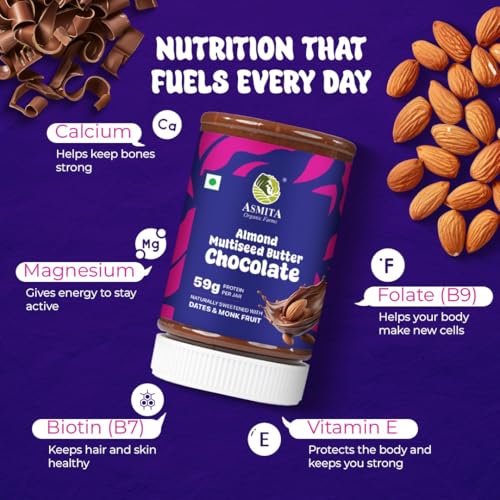 Image of Asmita Organic Farms Creamy Chocolate Nut Butter 250g | Made with Almonds, Multi-Seeds & Avocado Oil | High-Protein Spread | Naturally Sweetened & Zero Palm Oil | Great for Spreads, Smoothies, Baking