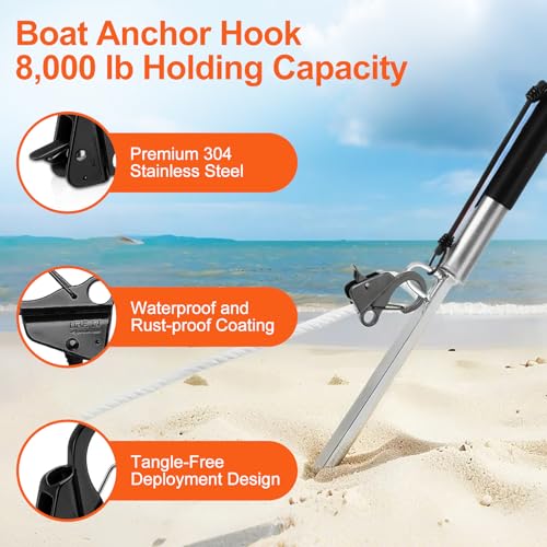 Bestechy Sand Spike Boat Anchor Pole, Self-Hammering Beach Spike Anchor with Stainless Steel Hook and 50ft Rope, 32in, Silver, Black by Bestechy - Image 7