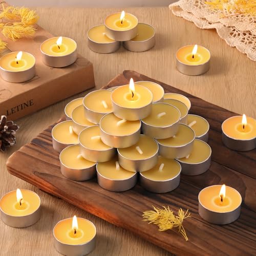LETINE 50PCS Beeswax Tealight Candles, Pure Beeswax Tea Lights Candle, Natural Organic Tealights Candles Unscented Smokeless Clean Burning with 4 Hour Burn Time