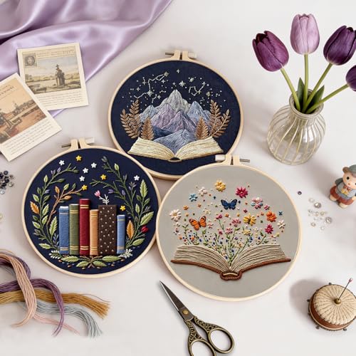 Image of Uniartfy 3 Pack Embroidery Starter Kit, Stamped Book Flower Mountain Butterfly Cross Stitch Kits for Beginners, Needlepoint Kits Adults with Embroidery Hoop and Instructions, Hand Embroidery Kit