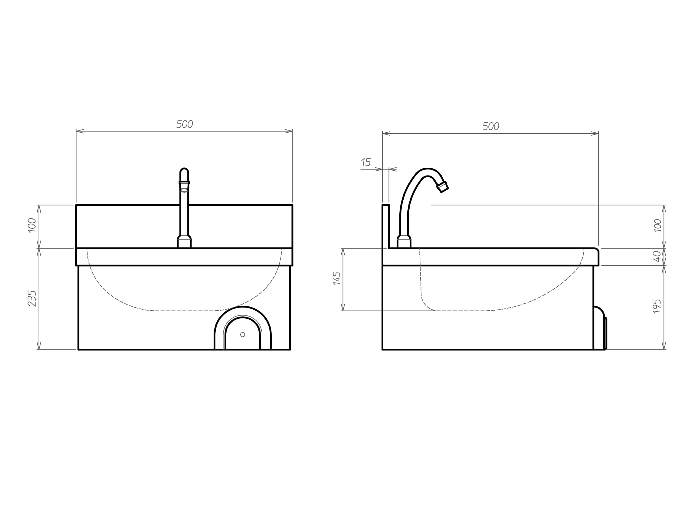 Handwaschbecken 0076 aus Edelstahl mit Kniebedienung und zeitgesteuertem Wasserfluss
