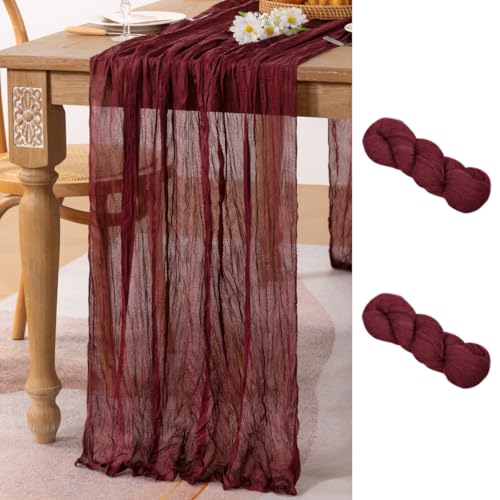 Image of MLMC 2 Pack Burgundy Red Table Runner 10ft Wine Red Cheesecloth Table Runner Sheer Gauze Cheese Cloth Centerpiece 35x120 Inches for Wedding Bridal Shower Anniversary Events Decor