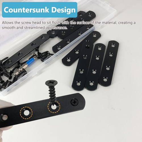 Image of 8 Pcs Black Straight Mending Plate Bracket Brace Stainless Steel Straight Brackets 95mm / 3.74 inch Wood Brace with Screws and Screwdriver
