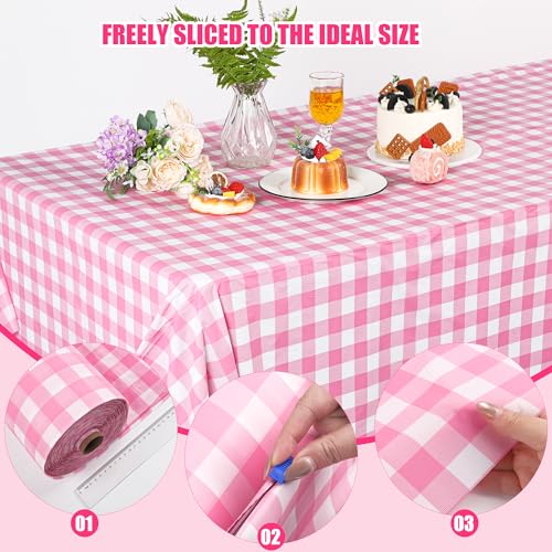 Image of Kochorie 54 Inch x 300 Ft Light Pink Checkered Plastic Table Cloth Roll Disposable Waterproof Table Cover Plastic Table Cover Roll with Easy Slide Cutter for Outdoor Picnic /Home Dining /Spring Party