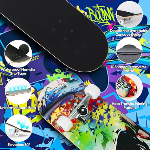 Image of Skateboards for Beginners Adults Youths Teens Kids Girls Boys 31 Inch Pro Complete Skate Boards 7 Layer Canadian Maple Double Kick Concave Longboards