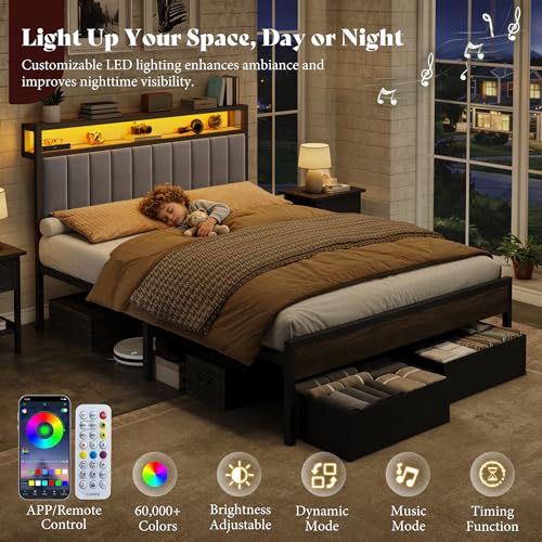 Image of AMERLIFE Full Bed Frame with LED Light and 2 Storage Drawers, Metal Platform Bed with Storage Headboard, Velvet Upholstered, Heavy-Duty Slats, No Box Spring Needed, Easy Assembly, Grey