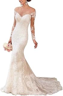 Vestido de Novia de Manga Larga, Vestido de Novia de Encaje de Sirena, Vestido de Novia de Espalda Abierta, SEVENYXX
