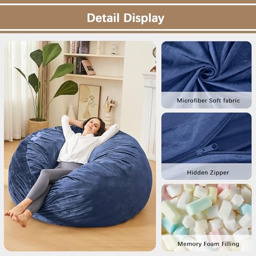 Image of Bean Bag Chairs for Adults - Memory Foam Furniture BeanBag Chair - Kids /Teens Sofa with Soft Micro Fiber Cover - Round Fluffy Couch for Living Room Bedroom College Dorm - 4 ft, Navy