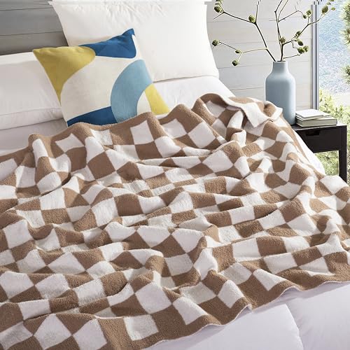 Image of Elegant Comfort Checkered Throw Blanket, Taupe Super Soft Cozy Fluffy Warm Throw Blankets for Couch, Sofa, Chair, Bed, Camping, Picnic, Travel Lightweight Bed Blanket (50 inch x 70 inch)