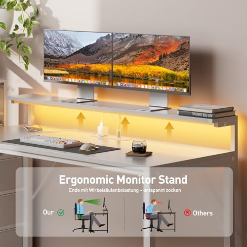 Image of HLDIRECT 60 inch Gaming Desk with 3 Fabric Drawers & Side Hooks-Reversible Home Office Computer Desk with Power Outlets & Led Lights, Gamer Desk Table with Monitor Stand, White