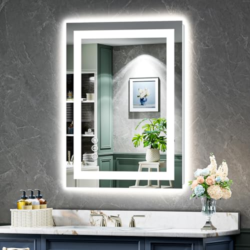 Image of 24x30 Inch LED Bathroom Mirror with Lights Front and Backlit Lighted Vanity Mirror for Bathroom Wall with 3 Colors Dimmable Anti-Fog Memory Shatter-Proof IP54 Waterproof Horizontal /Vertical