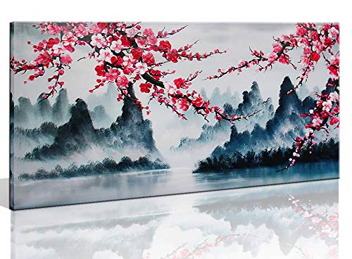 Large Family Wall Decor Art for Living Room Bedroom Framed Hand-Painted Pink Plum Blossom Flower Canvas Picture Modern Black and White Landscape Painting for Home Office 60x30 Inch