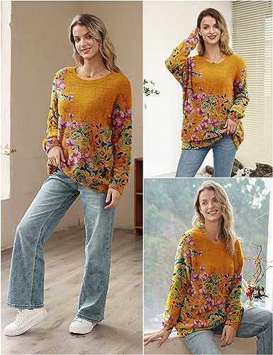 Image of YESNO Women Christmas Sweater Graphic Printed Oversized Pullover Sweaters Casual Loose Knit Tops S01