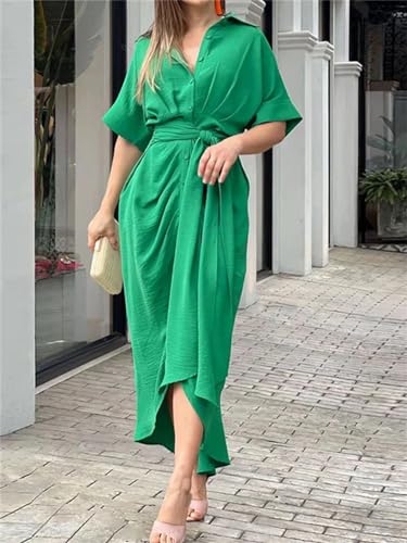 Spring Button Belted Party Women Dress Summer Sleeve Irregular Office Turn-Down Collar Shirt Lady Dresses4