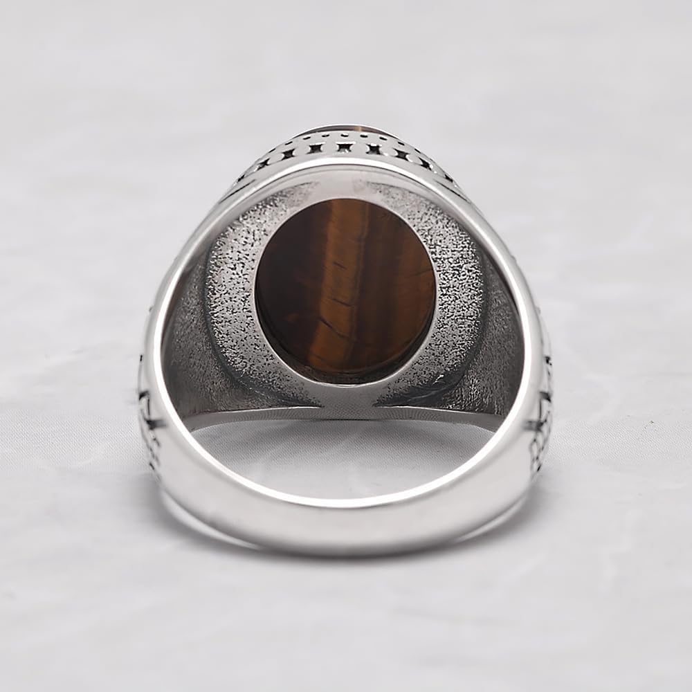 925 Sterling Silver Tiger Eye Ring for Men Retro Punk Mens Thumb Pinky Rings Oval Shape Biker Statement Signet Ring Vintage Jewelry Size 7-13