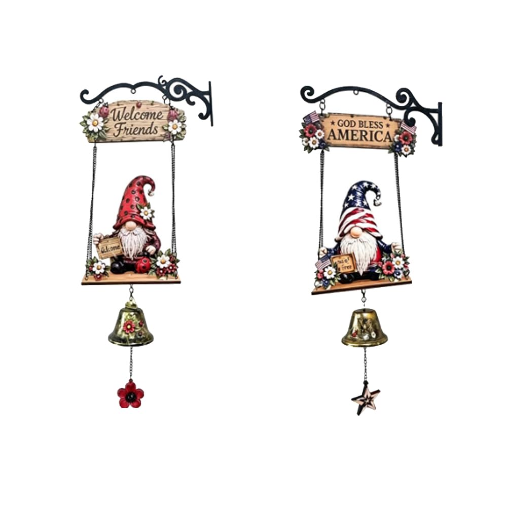 2Pcs Rustic Gnome Welcome Bell, Handmade Farmhouse Doorbell Decor for Porch
