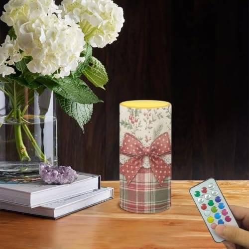 Image of Poceacles Christmas Flameless LED Battery Candles Pillar Candles Tealight with 18-Key Timer Remote with Colorful Light for Indoor Outdoor Home Decor, Christmas Bow Plaid Holly