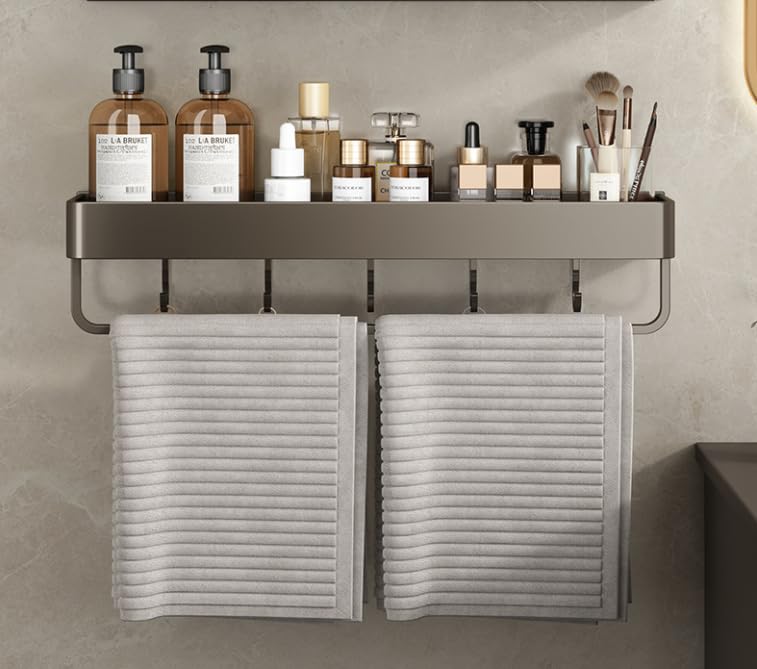 Estante Baño de Acero Inoxidable - Accesorio de Estante Ducha - Soporte para Gel de Ducha y Champú para Ducha - Organizador de Ducha - Con Toallero, 5 Ganchos (Gris)