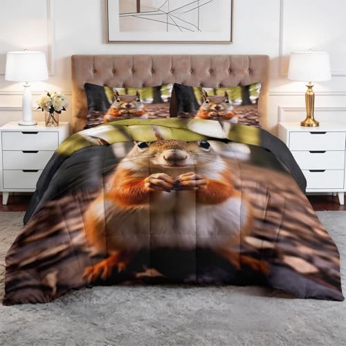 XCQHZYQ Edredon Nordico Cama 105 Naturaleza Animal Ardilla, Colcha Infantil Relleno Nordico 180x220 cm de Microfibra, Edredón 4 Estaciones Reversible Verde Bosque, con 2 Fundas de Almohada 50x75 cm