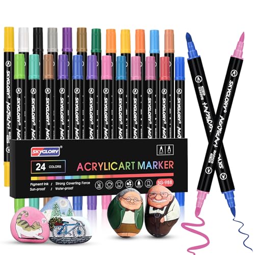Damcyer Rotuladores Acrilicos, 24 Colores Rotulador Acrilico Permanentes Doble Punta con Fina y Pincel Rotuladores de Pintura Acrílica para Pintar Piedras, Tela, Cerámica