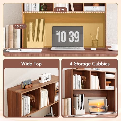 Image of Tangkula Desktop Bookshelf, Countertop Storage Hutch with 4 Shelves for Computer Desk, Desktop 2-Tier Display Rack, Multipurpose Wood Desk Hutch Storage Organizer for Dorm Office Home (Walnut)