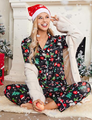 Image of Ekouaer Womens Satin Pajama Set Classic Pattern Silky Pj Sets Button Down Sleepwear Loungewear
