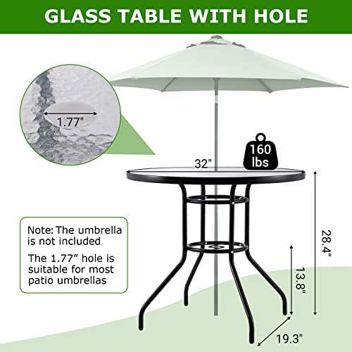Benarome Outdoor Glass Patio Table, 32 Inch Round Bistro Table With Umbrella Hole, Outdoor Dining Table With Metal Frame Tempered Glass Top For Backyard Lawn Balcony Pool (32Inch) #TOP1