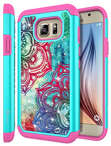 Galaxy S7 Active Case, S7 Active Case, Style4U Flower Studded Rhinestone Crystal Bling Hybrid Armor Case Cover for Samsung Galaxy S7 Active [Not for Galaxy S7] with 1 Style4U Stylus [Teal/Hot Pink]
