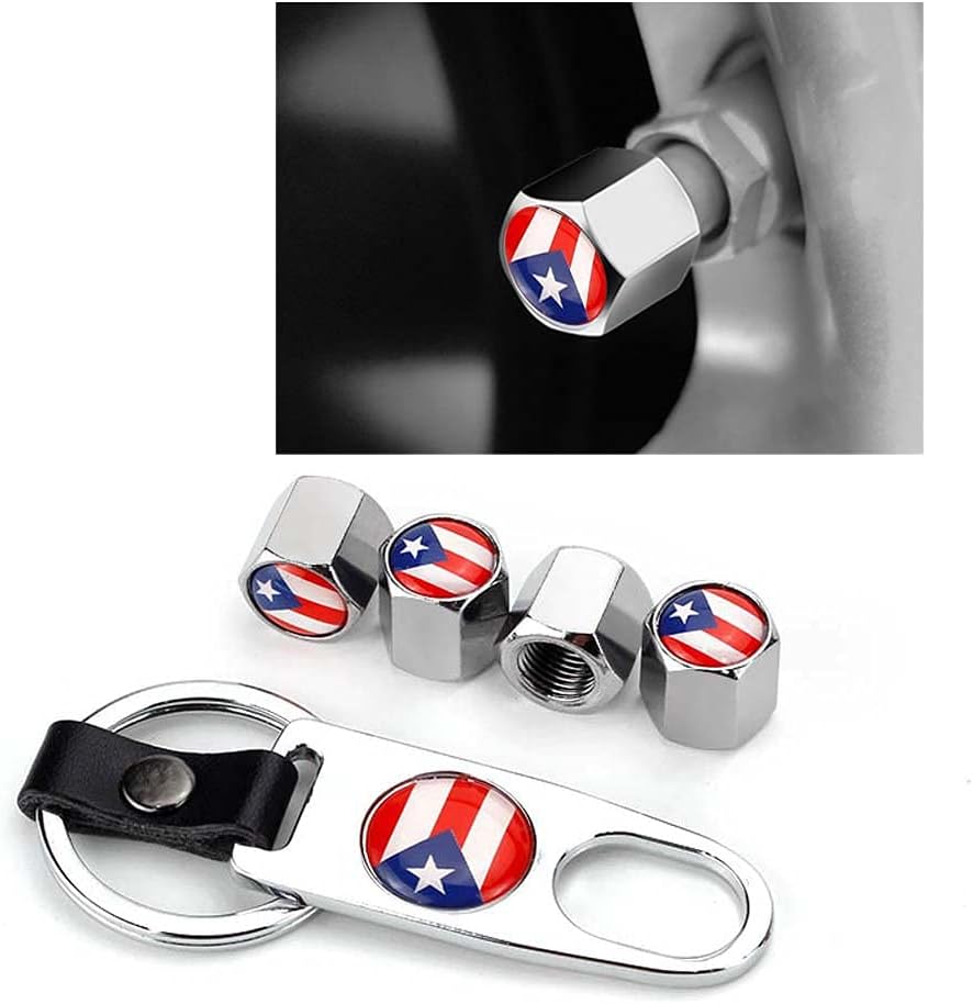 SANRILY 4Pcs Silver Flag Pattern Valve Stem Caps with Wrench Keychain Car Wheel Tire Valve Aluminum Alloy Tire Stem Cover Fits Most Car-Puerto Rico Type
