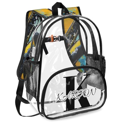 Personalized Small Clear Backpack Stadium Approved Heavy Duty PVC Plastic Custom Saxophone Transparent Backpacks See Through Bag with Name, Music Theme2
