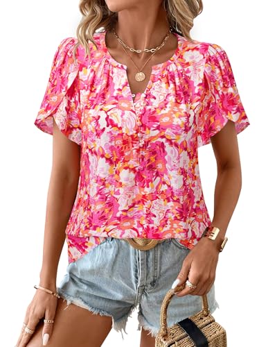 Timeson Womens Summer Tops Boho Short Sleeve Business Casual Blouses Button Down Floral Shirts Fashion Beach Vacation Clothes2