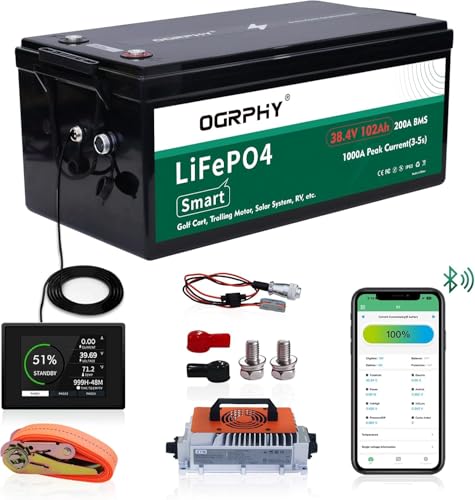 Image of OGRPHY 36V Lithium Golf Cart Battery, with 12V DC Interface, 25A Charger, Touch LCD Monitor, 200A BMS, 1000A(3-5) Peak Current 10 Yrs Lifespan Perfect for Golf Cart, Trolling Motor(38.4V 102Ah)
