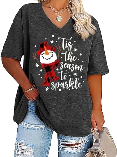 FCHICH Plus Size V Neck Merry Christmas T Shirt Women Cute Xmas Trees Graphic Tee Casual Loose Fit Holiday Tops Blouse, Gray3, 4XL Plus