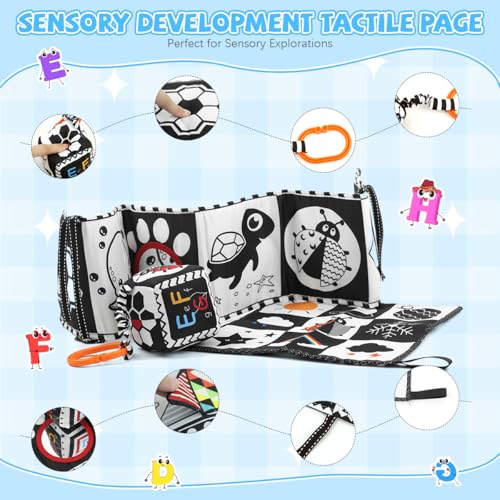 Image of SNOWIE SOFT 3Pcs Cloth Books for Babies 0 to 3 Years, Black and White Crib Cloth Book Panel with Mirror, Sensory Toys, Montessori Visual Stimulation Washable Baby Toys for 6 to 12 Months