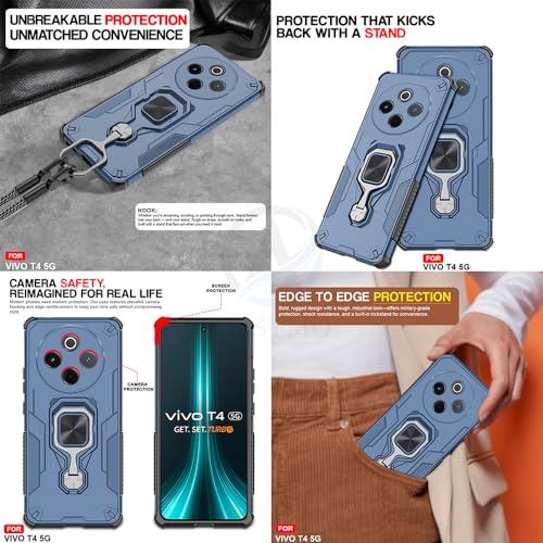 Image of AESTMO Armor Back Cover for Vivo T4 5G / iQOO Z10 5G | Ring Holder & Kickstand & Camera Protection in-Built | 360 Degree Protection Back Case Cover (Blue)
