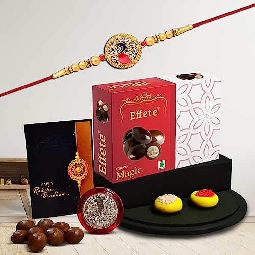 Image of DeoDap Multi-Colour Rakhi Combo Gift Set with Chocolate 32gm, Tilak Set, Pooja Coin and Greeting Card - Brother Rakhi