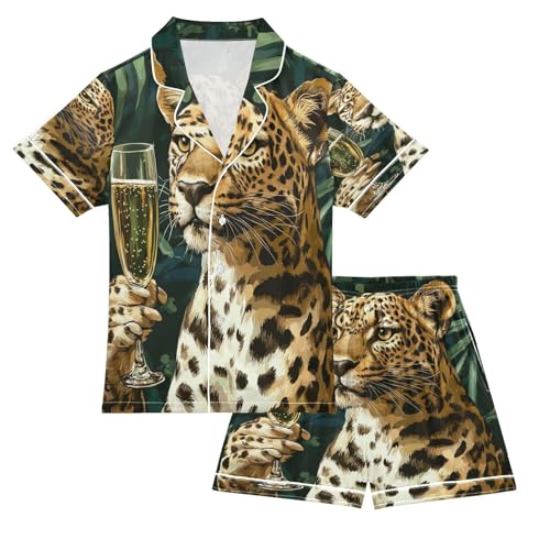 Satin Pajama Sets Short Sleeve Leopard Holding Glass Wine Button Down Silky Nightwear 2 Piece PJS 5-14Y