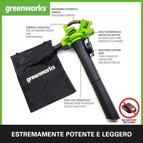 Greenworks 48V(24V X 2)Aspiratore E Soffiatore A Batteria 2In1, Li-Ion, Intensità Aria 321Km/H, Sacco Raccoglitore, Regolazione Giri Motore Brushless Potente Senza Batteria E Caricatore GD24X2BV - 2