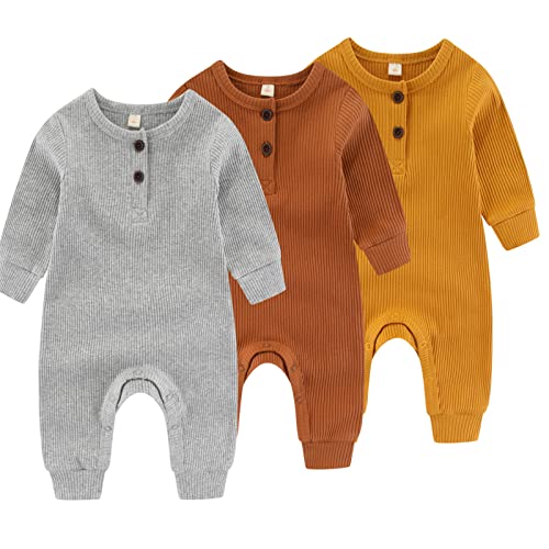 Image of IADOER Newborn Baby Boys Girls One Piece Romper With Mitten Cuffs 3 Pack Long Sleeve Ribbed Button Jumpsuit Outfit Clothes