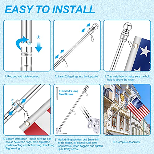 Upgraded Flag Pole Kit W/ 2-Position Bracket Holder & W/Spinning Rings - 5Ft To 6Ft 1" Metal Flagpole Kit For 3X5 & 4X6 American Flag - Yard House Wall Mount Flag Pole For Residential (5 Ft, Silver) #TOP4