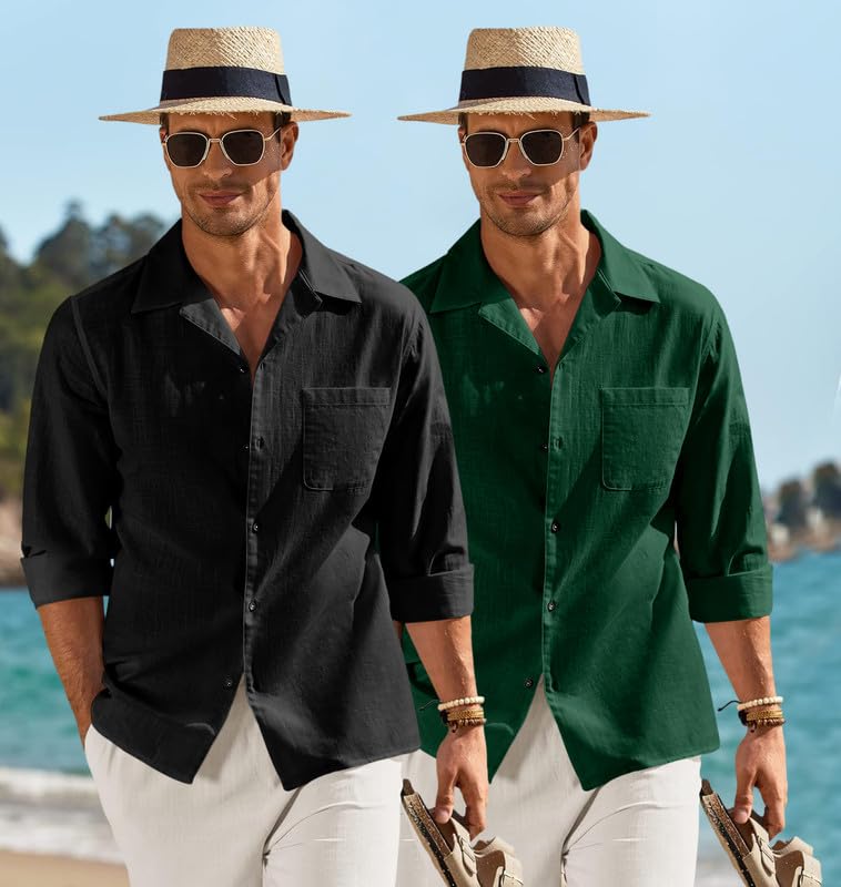 Image of Combo of Men's Casual Cotton Blend Shirt || Long Sleeve Button Down with Spread Collar | Lightweight Breathable Fabric | Stylish Solid Shirt for Beach, Office & Everyday Wear Pack of 2