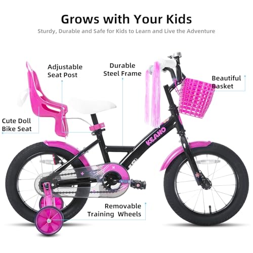 Image of KEANO Zinnia 14 16 20 Inch Kids Bike for Girls Ages 3-10 Years, Girls' Bikes with Training Wheels, Streamers, Basket and Doll Seat, Children Bicycles