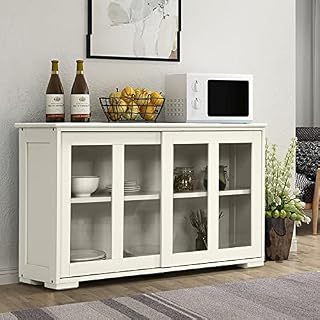 COSTWAY Wooden Storage Cabinet, Buffet Sideboard Server Table with Sliding Door and Adjustable Shelf, Console Cupboard Display Organiser Unit for Home Kitchen Living Room (Cream White, with glass)