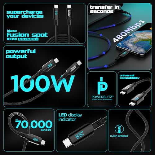 Image of Nu Republic Blaze Fusion Spot 100W with Over 70K bend life, 60K insertion tested, Powerblitz Technology, Led Display Indicator, Nylon Braided Carbon Data Charging Cable (Type-C To Type-C, Black)