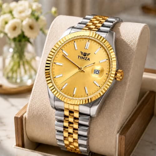 Image of Classic Gold Dial Quartz Watch for Men with Stainless Steel Two Tone Bracelet (Silver-Golden), Magnified Date Window & Water Resistant Build